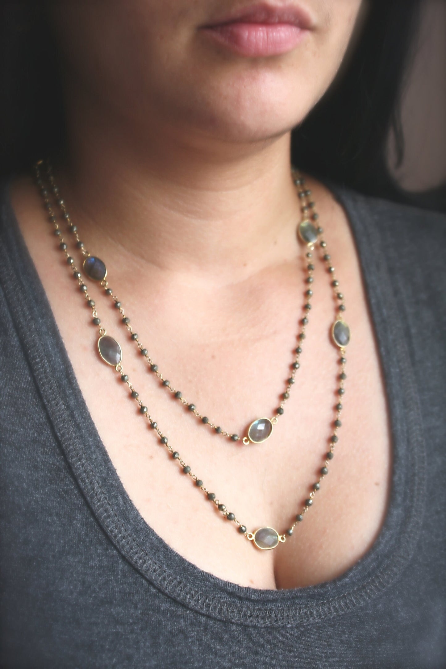 Pyrite and Labradorite Long Beaded Necklace