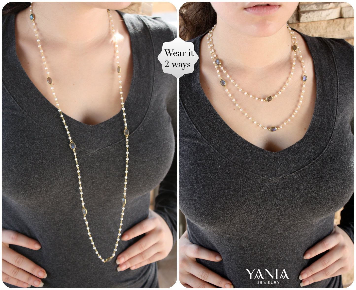 Pearl and Labradorite Necklace, White Pearl Long Necklace, Layering Beaded Necklace