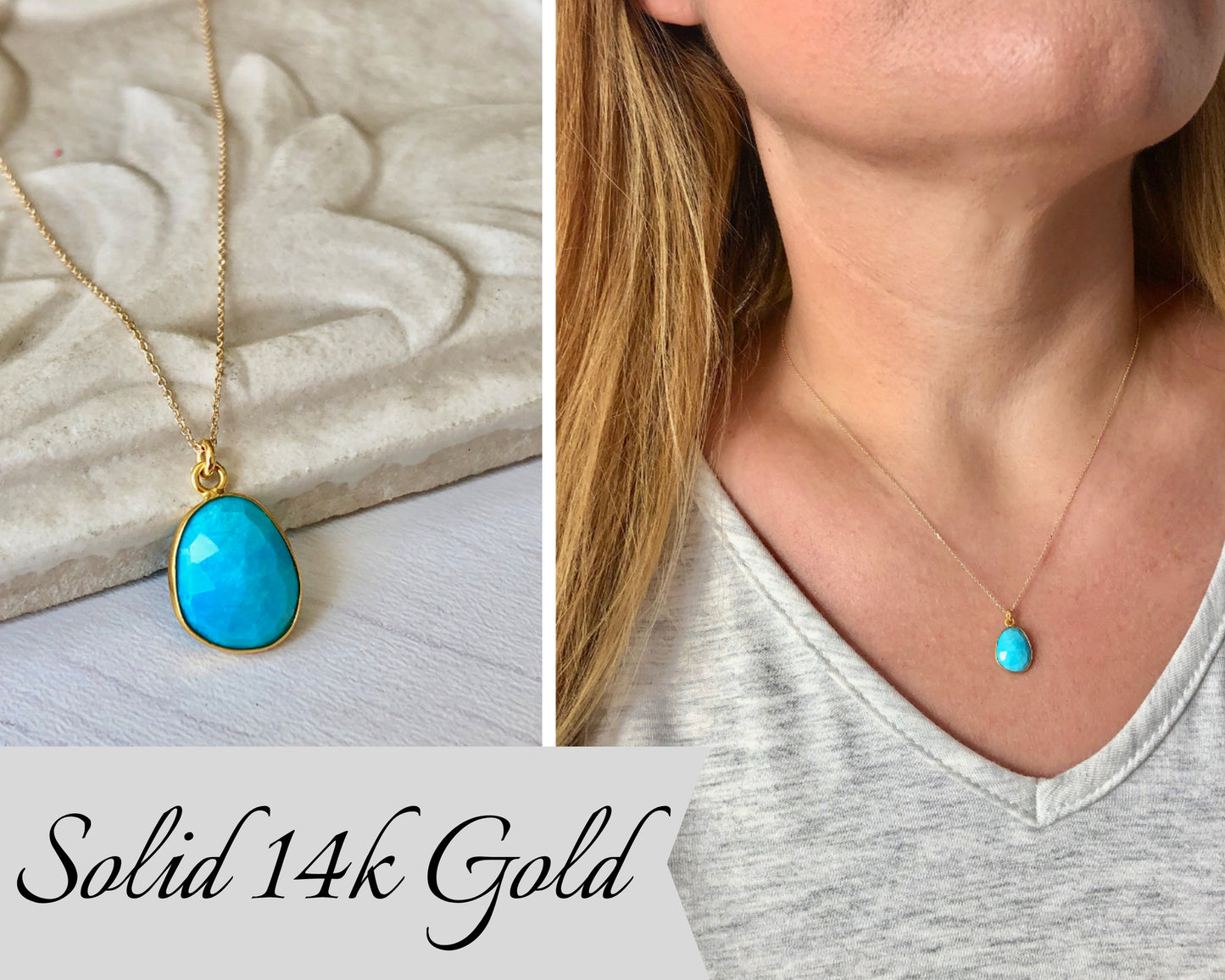 Turquoise Necklace, December Birthstone, Solid 14k Gold Genuine Turquoise Oval Pendant in Real Yellow Gold, Turquoise Jewelry, Gift for her