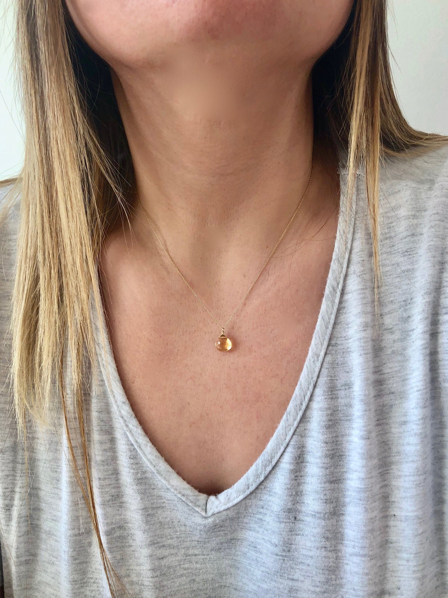Yellow Topaz Teardrop Necklace- Solid 14k Gold