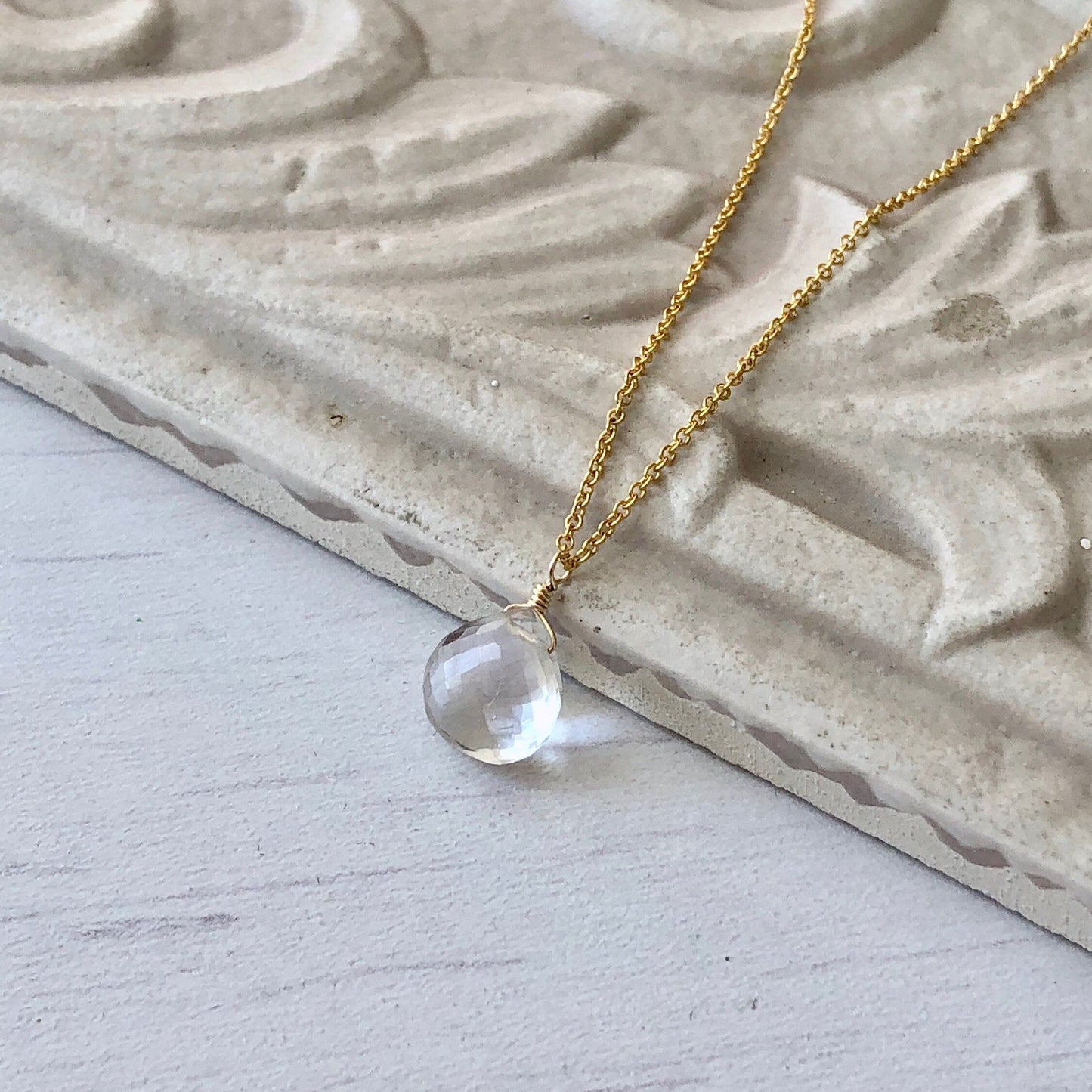 White Topaz Drop Necklace- Solid 14k Gold