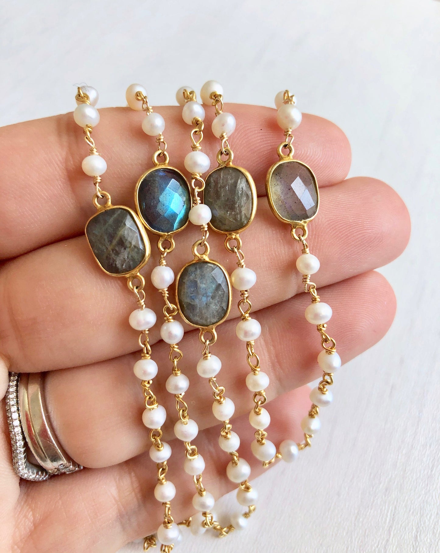 Pearl and Labradorite Necklace, White Pearl Long Necklace, Layering Beaded Necklace