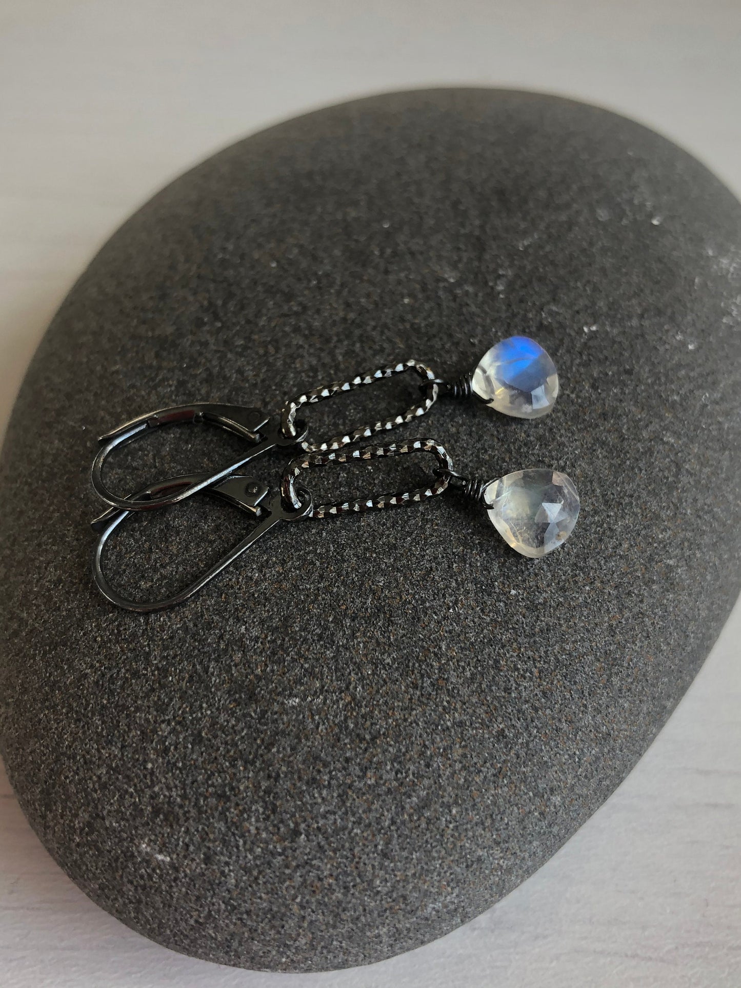 Rainbow Moonstone Oxidized Silver Earrings