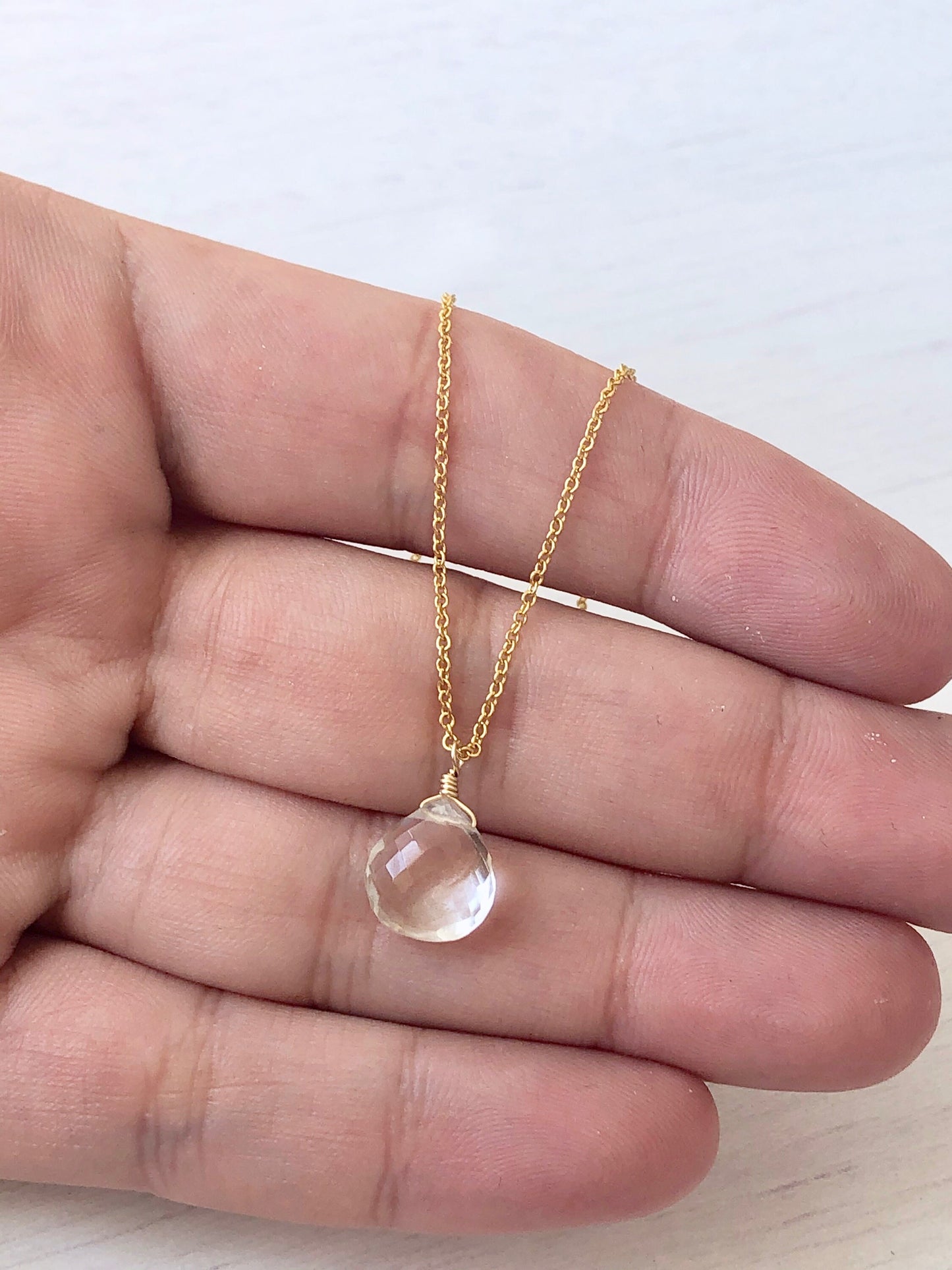 White Topaz Drop Necklace- Solid 14k Gold