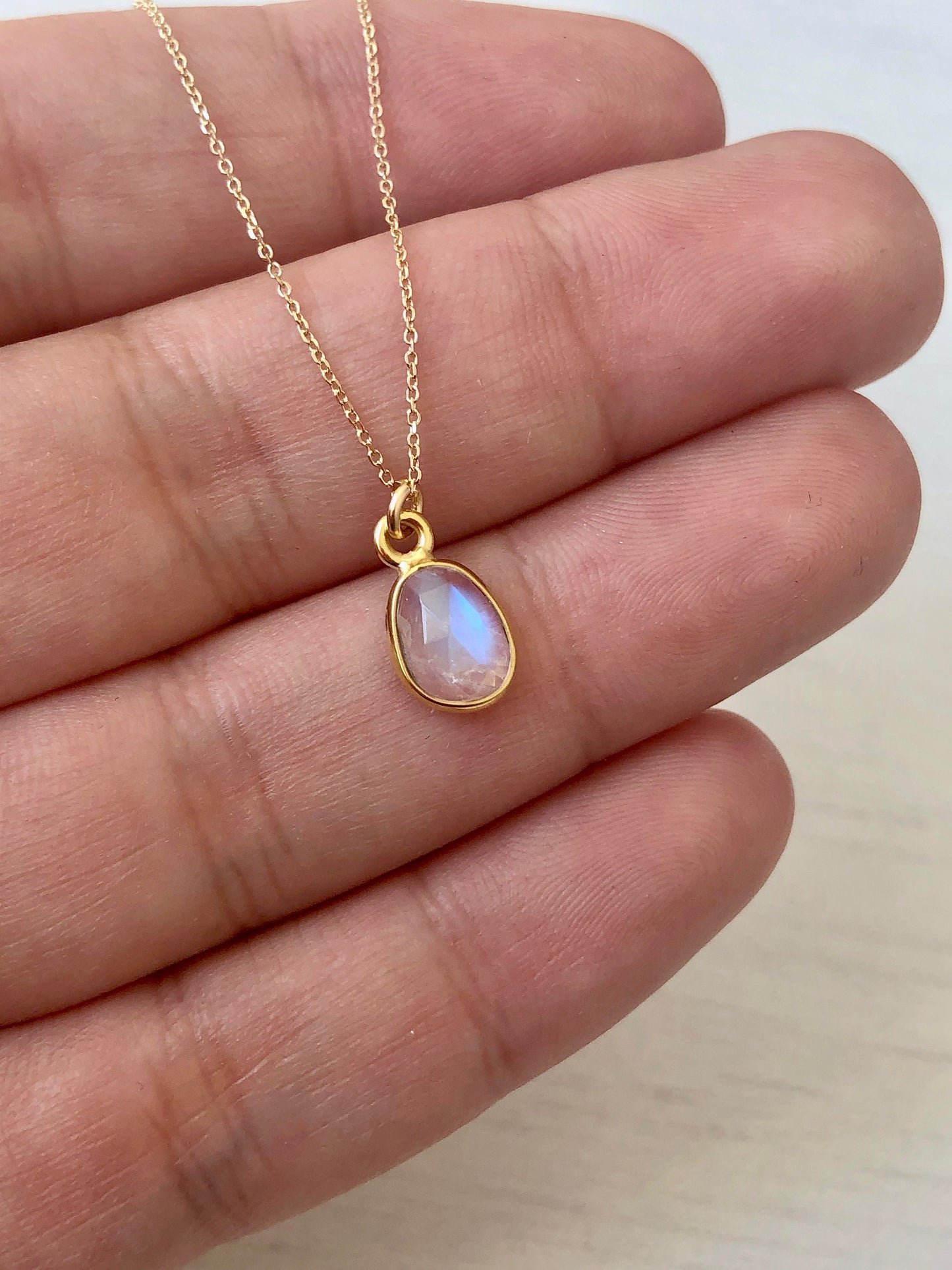 Rainbow Moonstone Necklace, Solid Gold Necklace, 14K Gold, June Birthstone