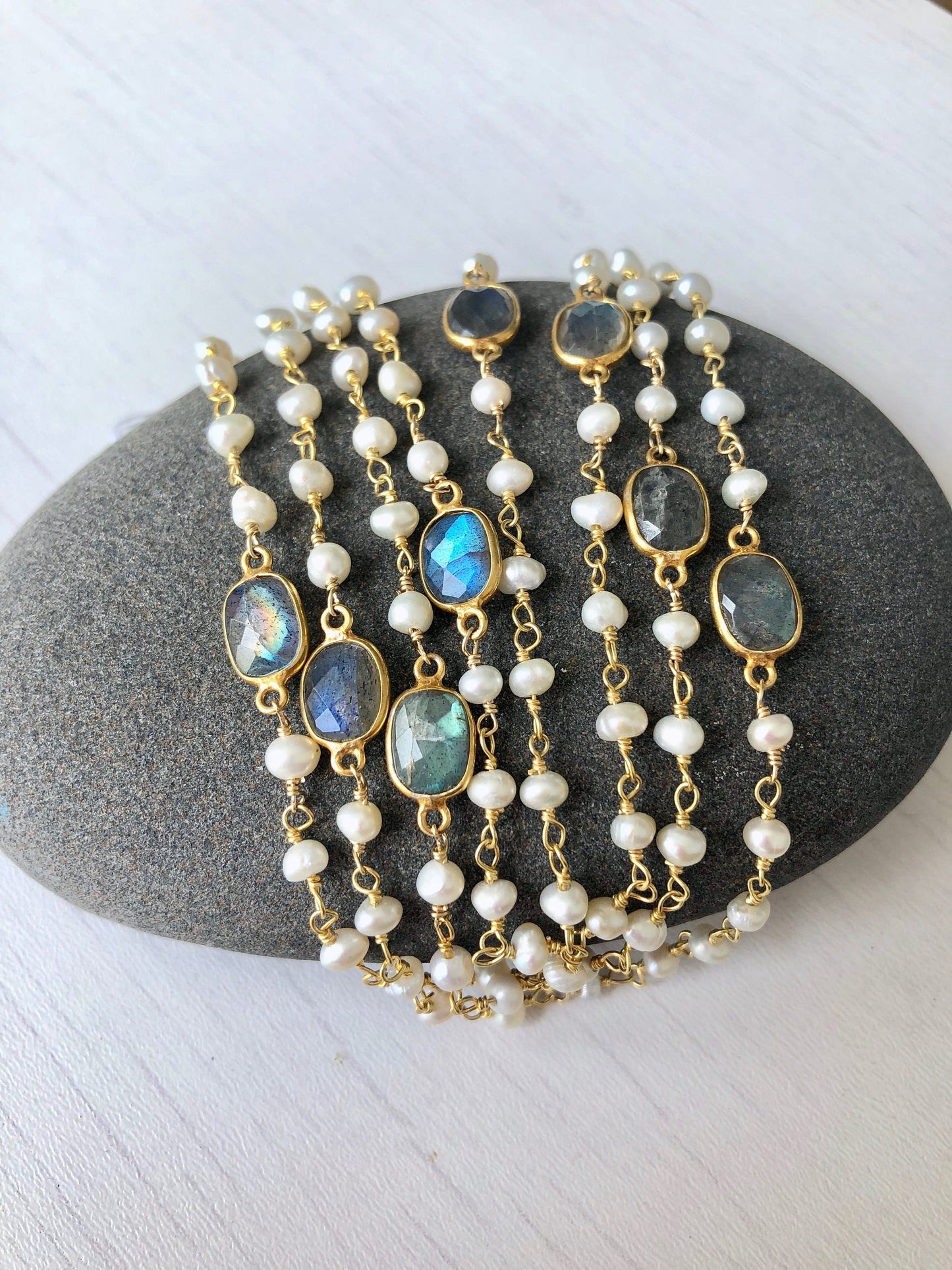 Pearl and Labradorite Necklace, White Pearl Long Necklace, Layering Beaded Necklace