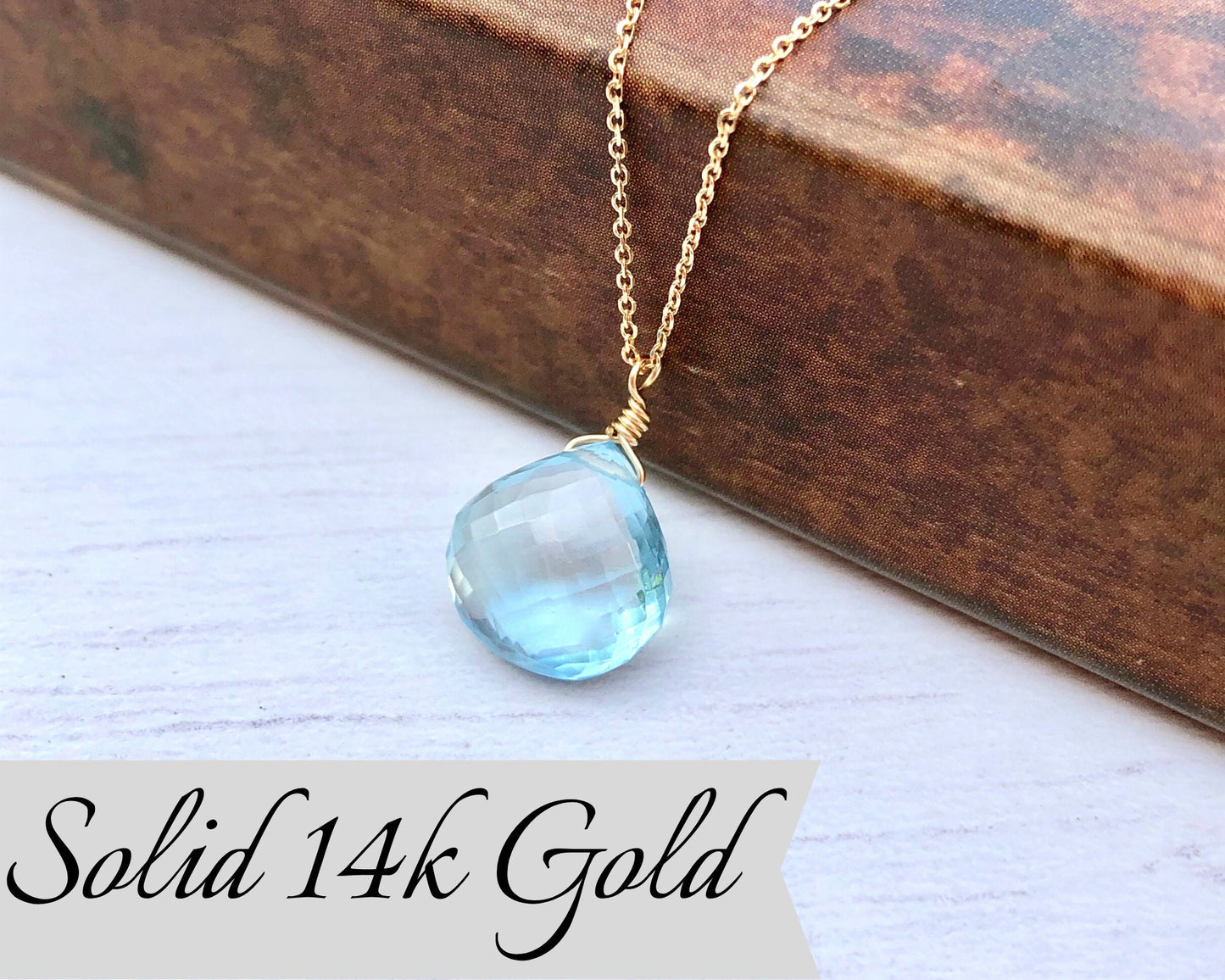 Blue Topaz Teardrop Necklace- Solid 14k Gold