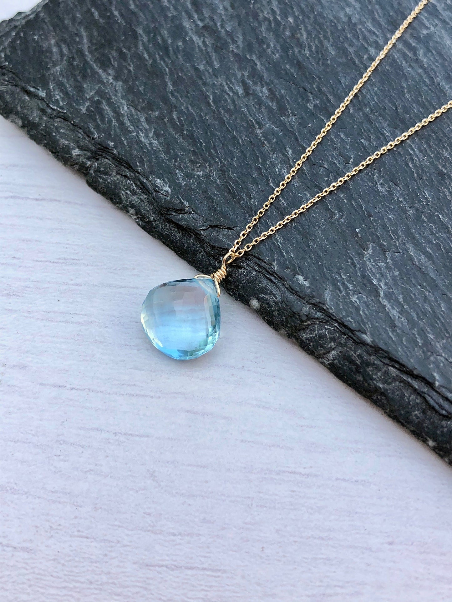 Blue Topaz Teardrop Necklace- Solid 14k Gold