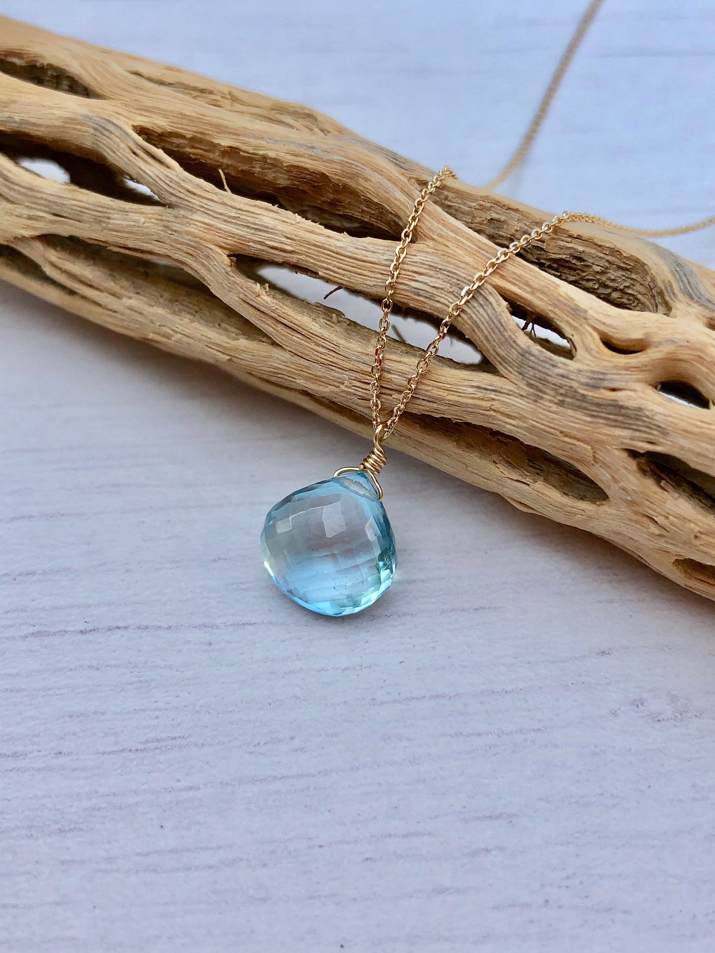 Blue Topaz Teardrop Necklace- Solid 14k Gold