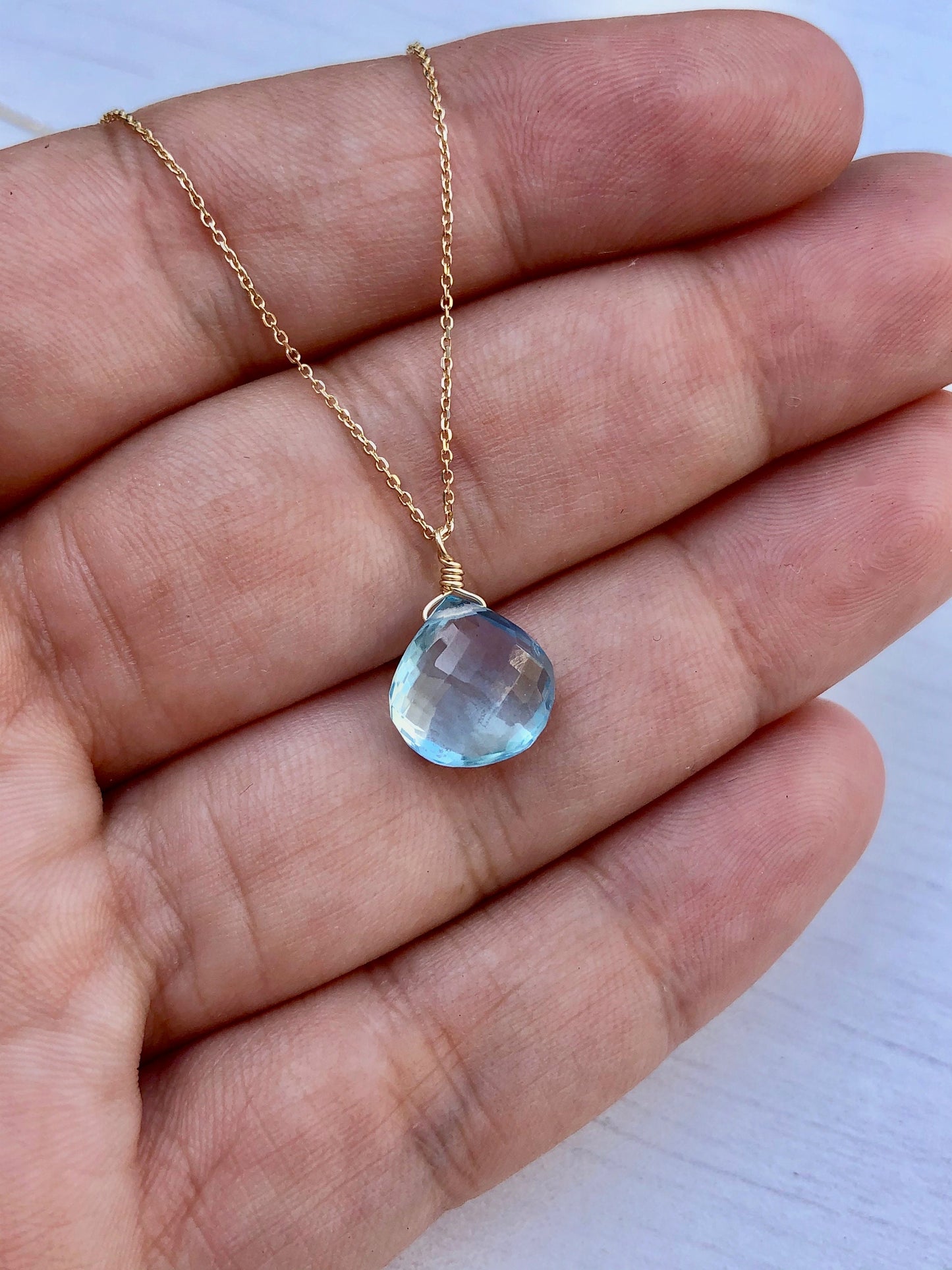 Blue Topaz Teardrop Necklace- Solid 14k Gold