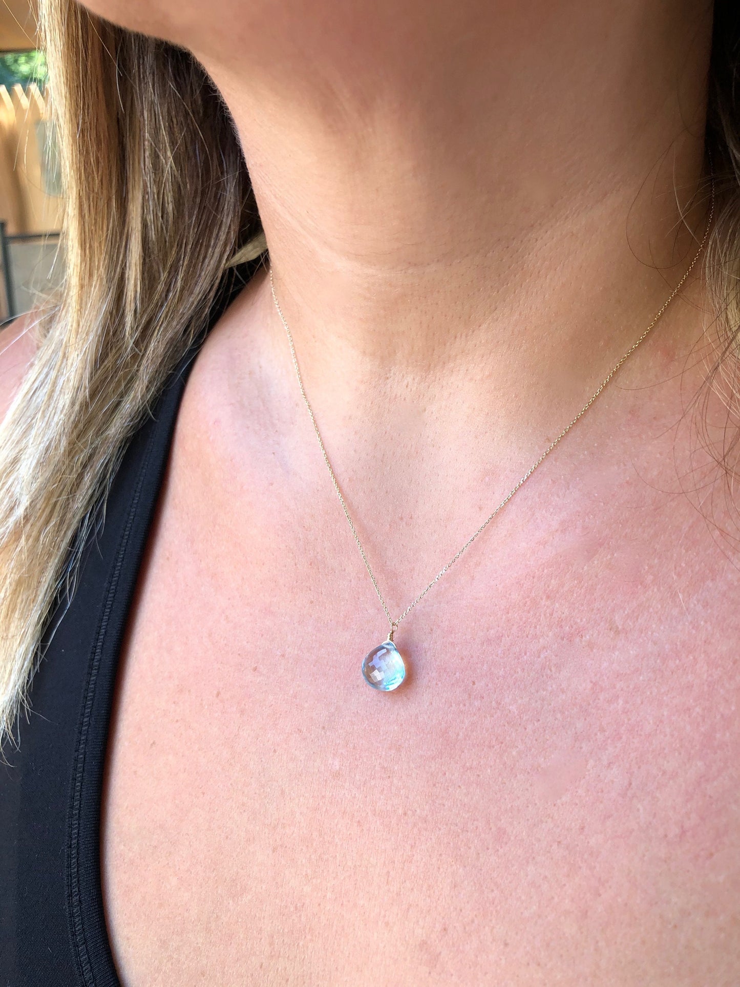 Blue Topaz Teardrop Necklace- Solid 14k Gold