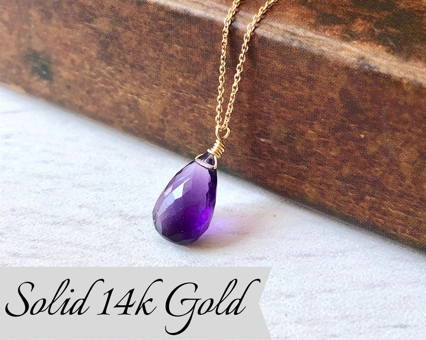 Amethyst Teardrop Necklace in Solid 14k Gold