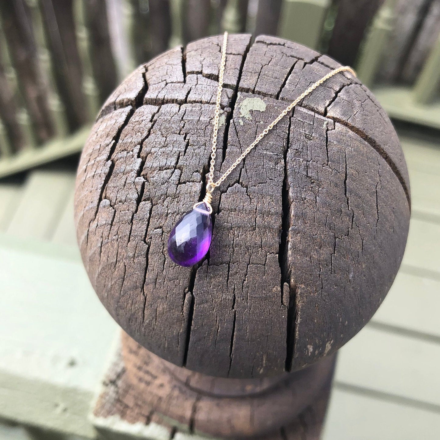 Amethyst Teardrop Necklace in Solid 14k Gold