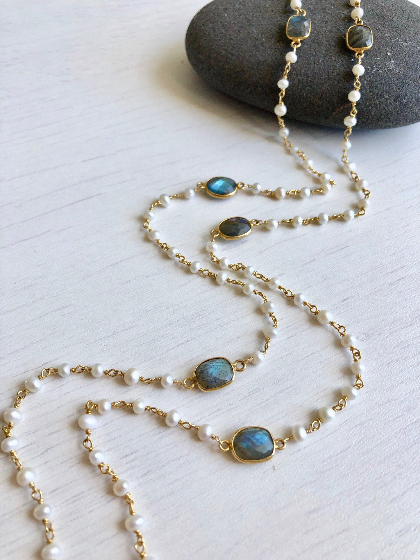 Pearl and Labradorite Necklace, White Pearl Long Necklace, Layering Beaded Necklace