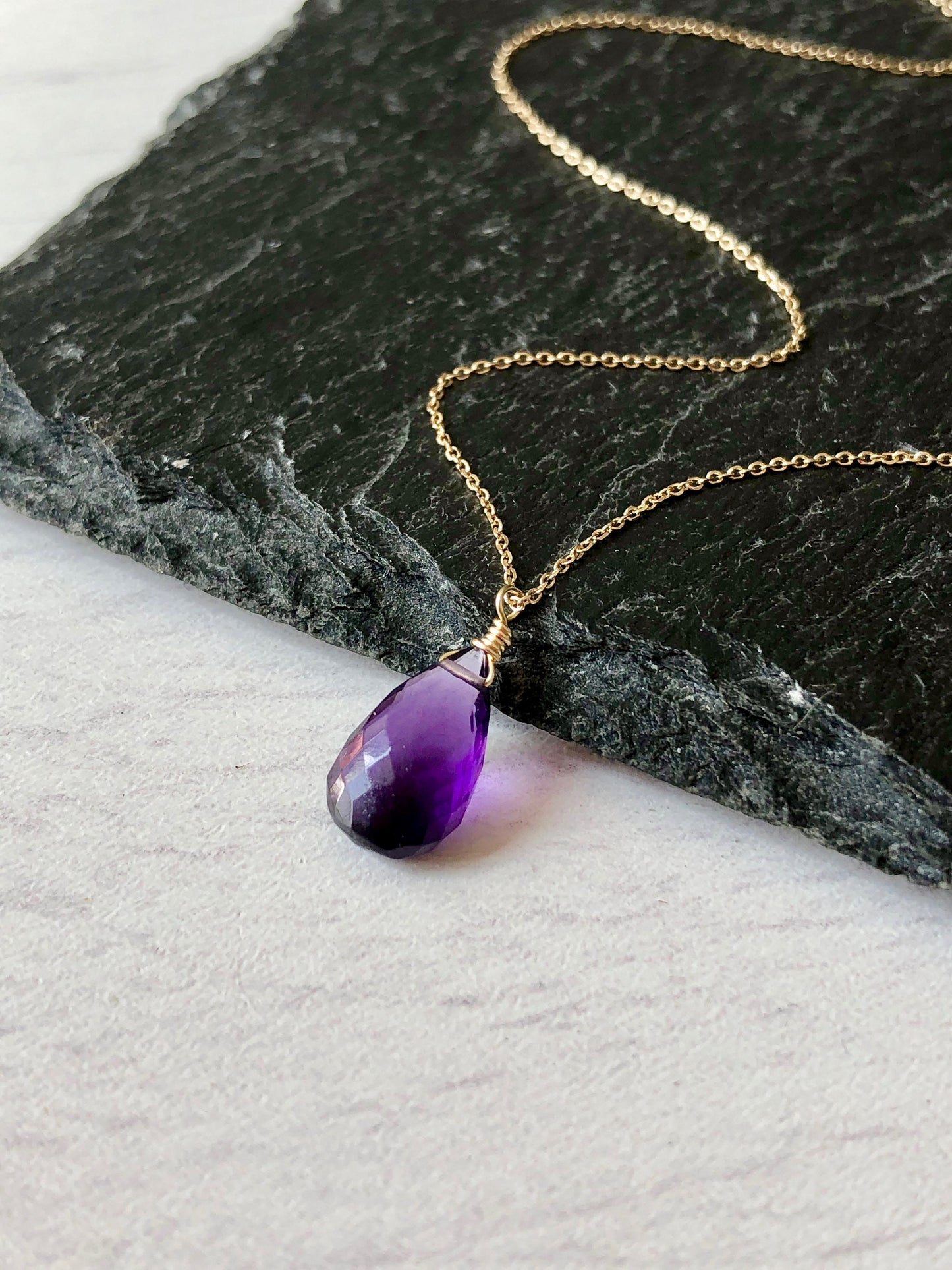 Amethyst Teardrop Necklace in Solid 14k Gold
