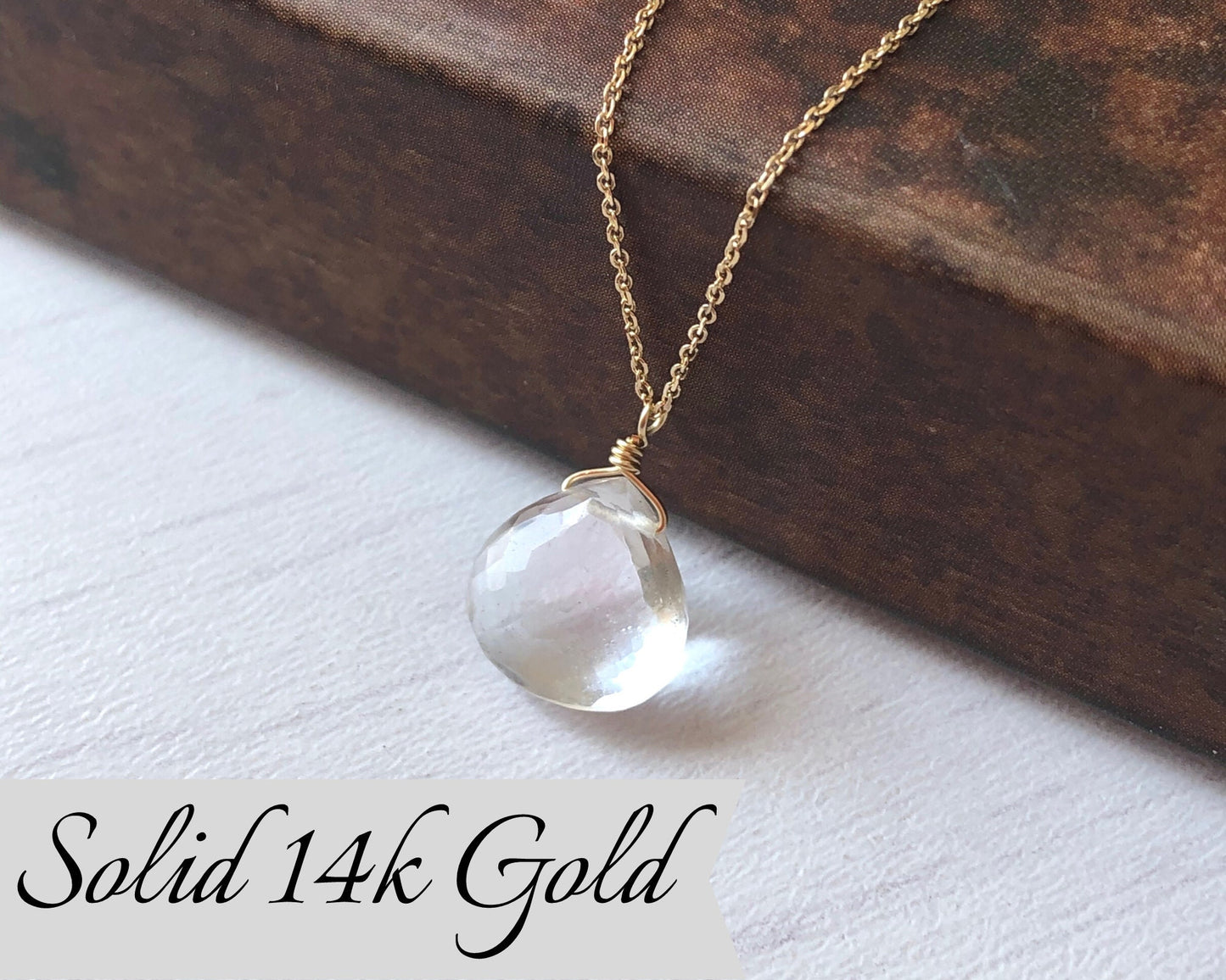White Topaz Drop Necklace- Solid 14k Gold