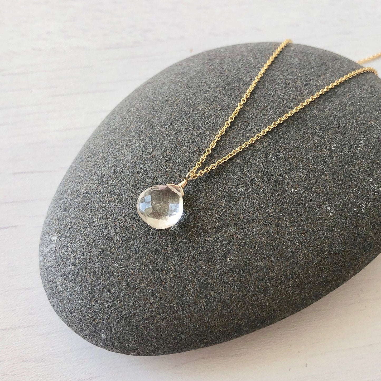 White Topaz Drop Necklace- Solid 14k Gold