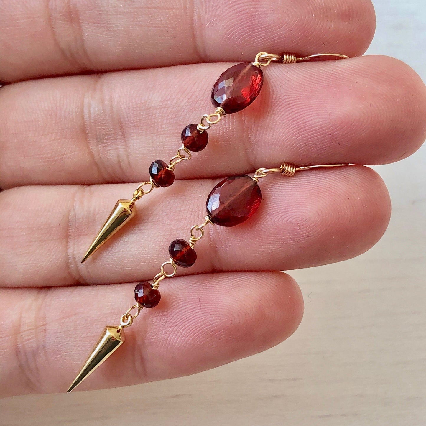 Garnet Pointy Long Earrings- January Birthstone