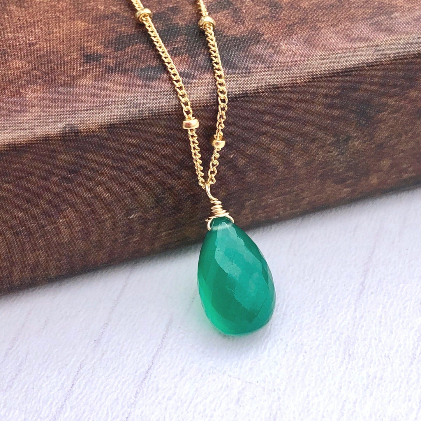 Green Onyx Teardrop Necklace- May Birthstone