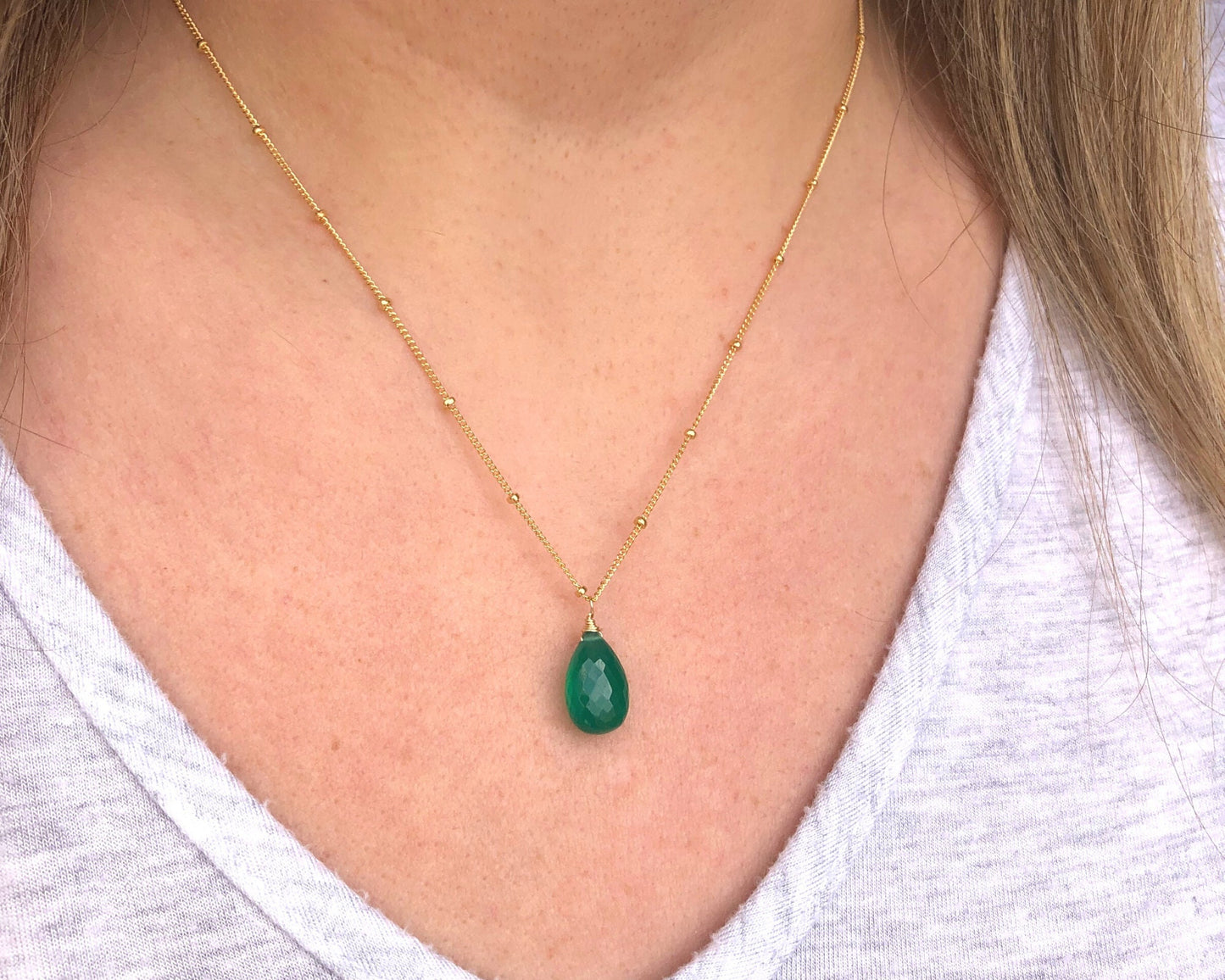 Green Onyx Teardrop Necklace- May Birthstone