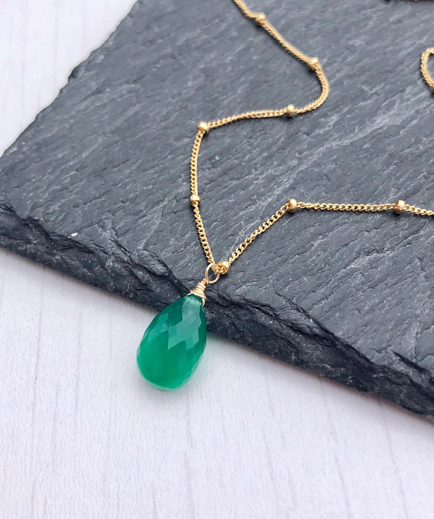 Green Onyx Teardrop Necklace- May Birthstone