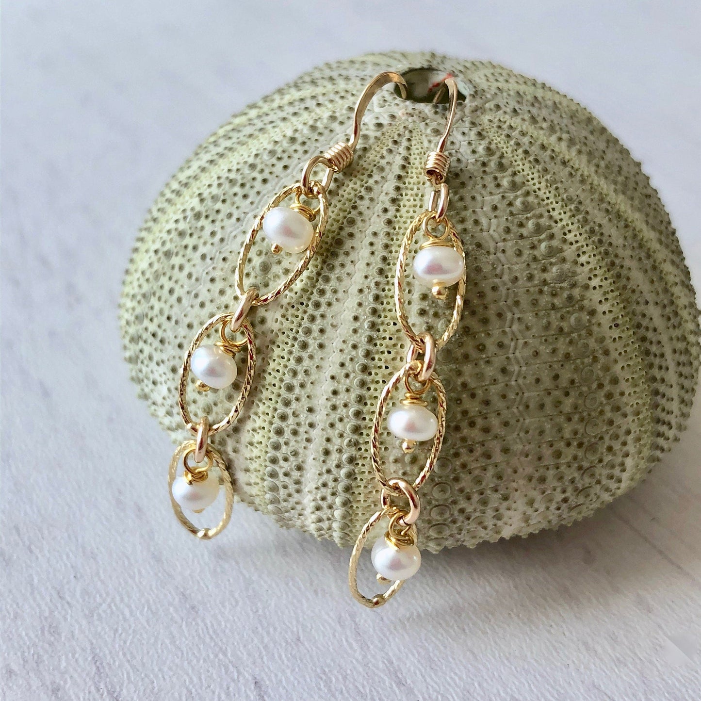 White Pearl Oval Link Earrings- June Birthstone