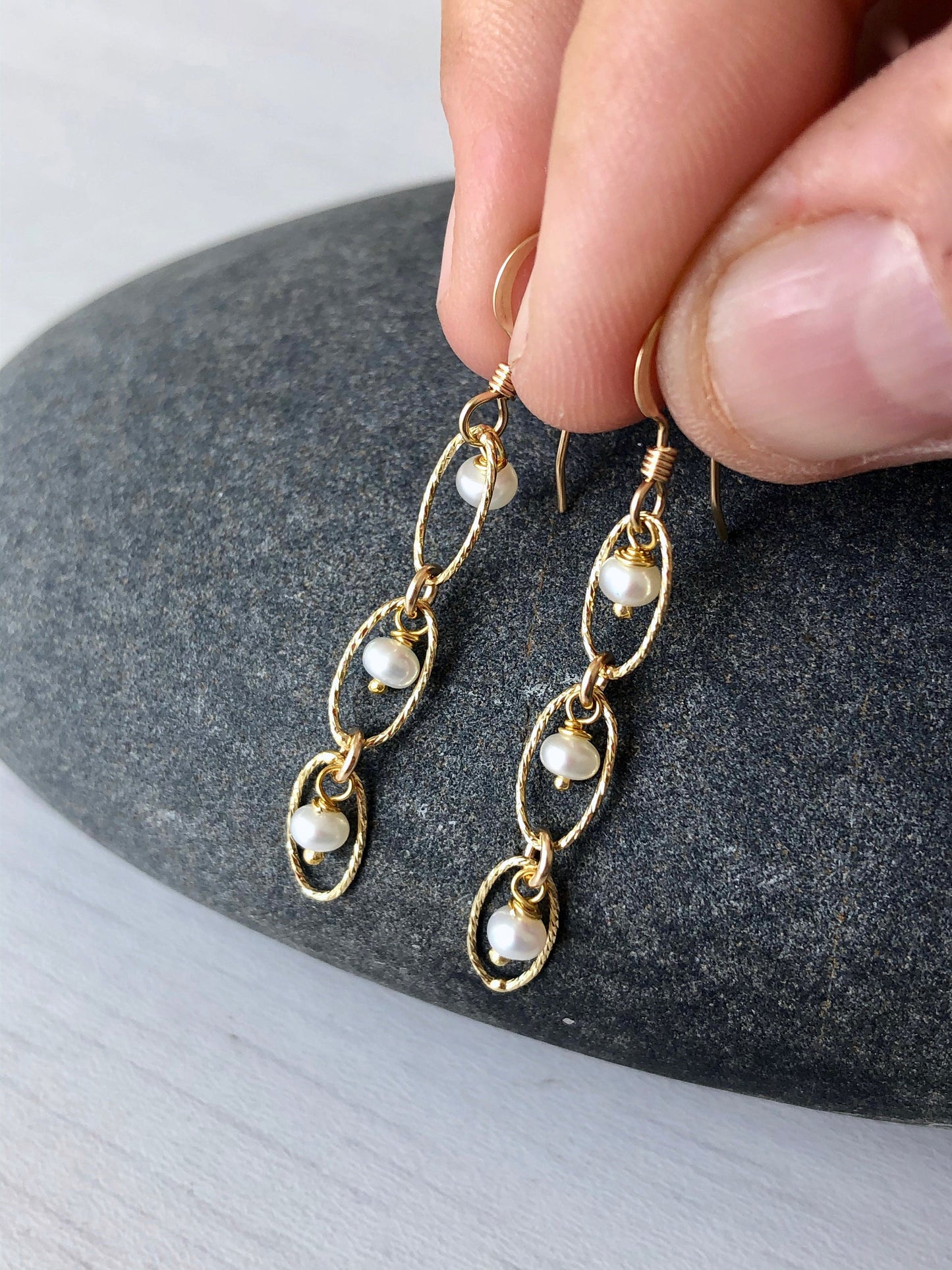 White Pearl Oval Link Earrings- June Birthstone