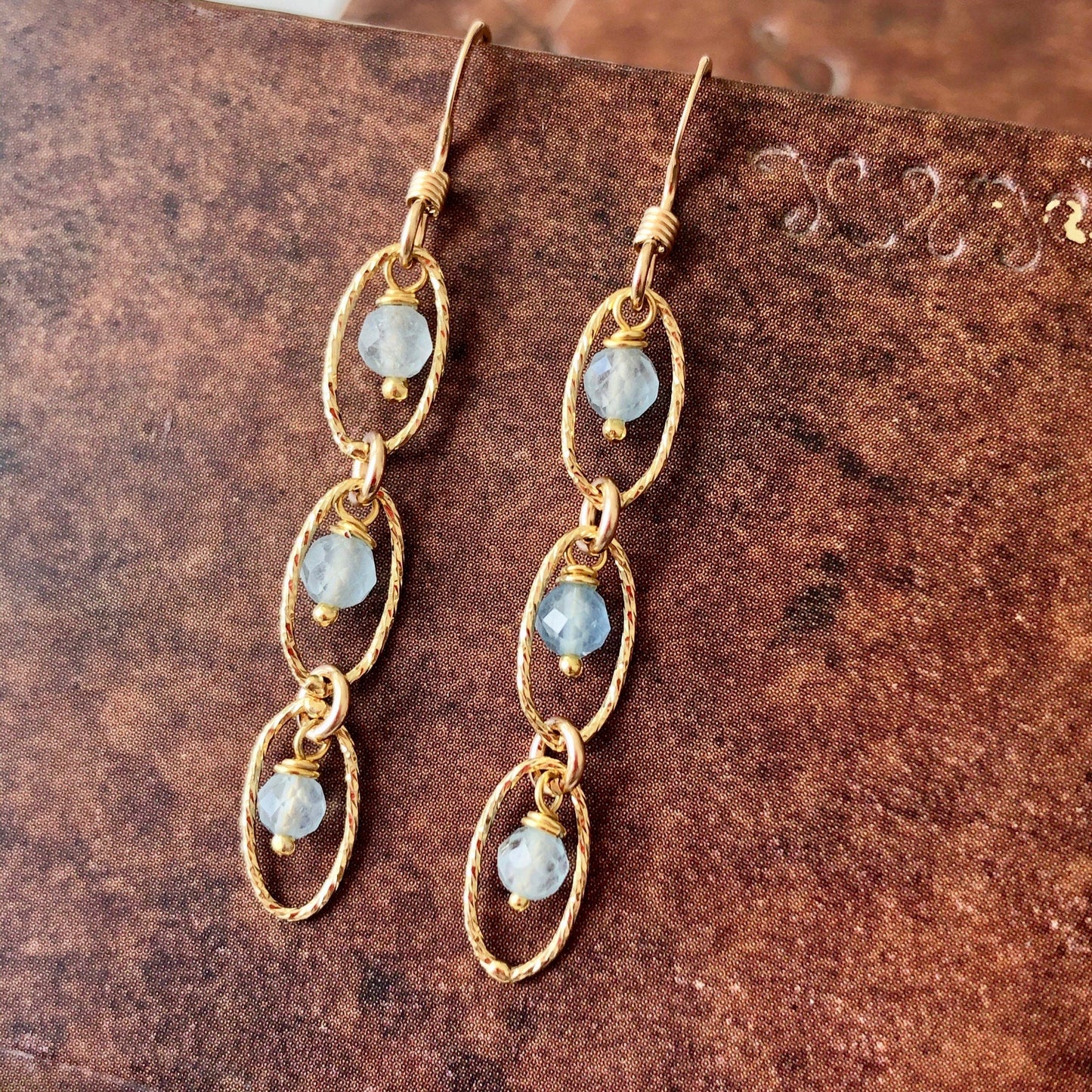 Aquamarine Three Oval Link Earrings- March Birthstone