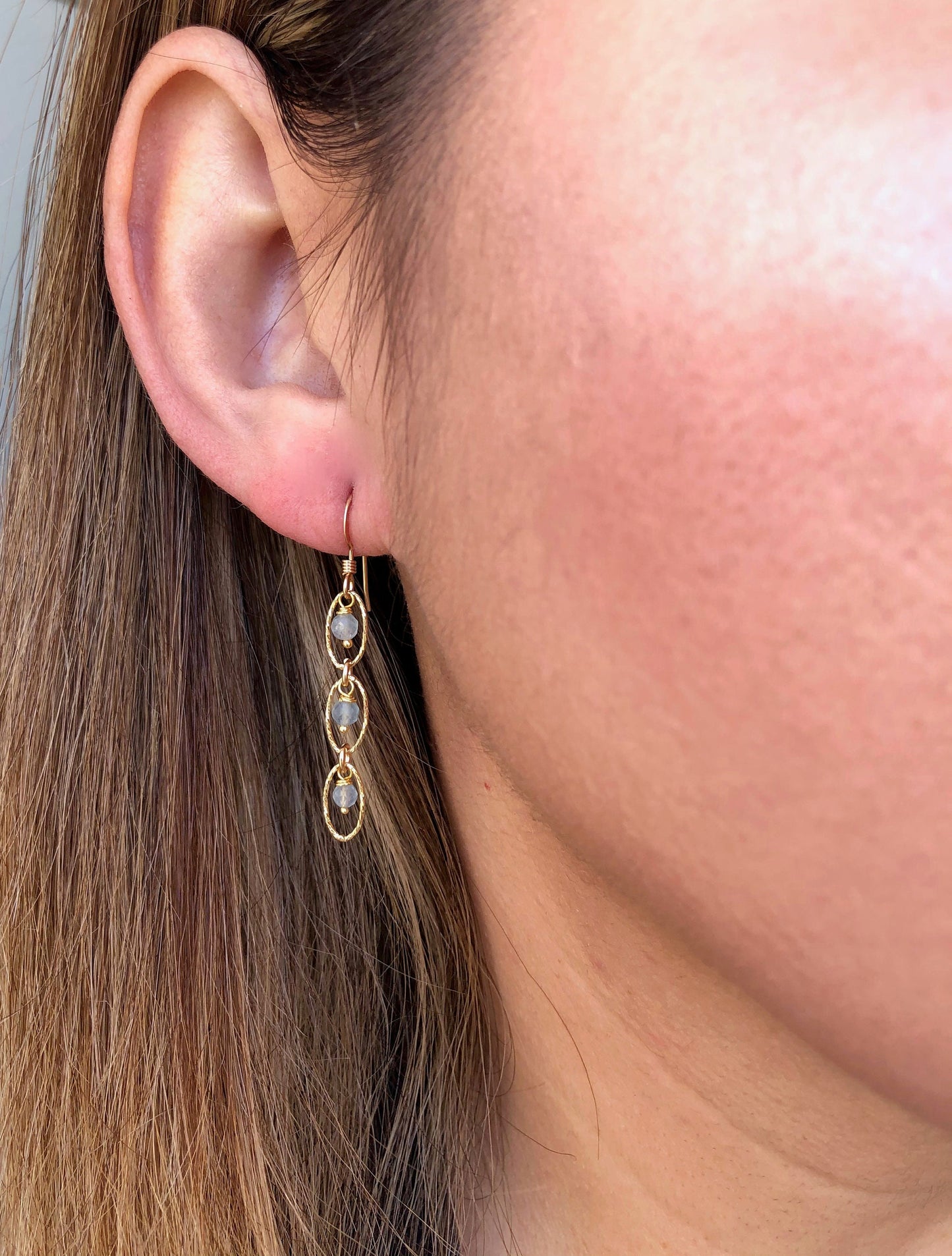 Aquamarine Three Oval Link Earrings- March Birthstone