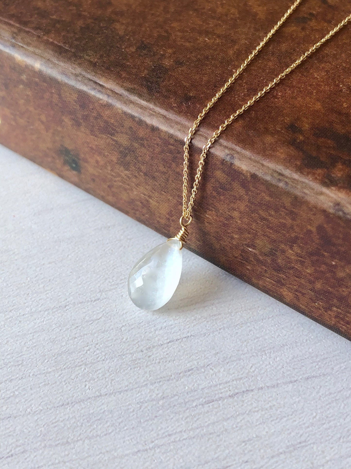 White Moonstone Necklace- Solid 14k Gold