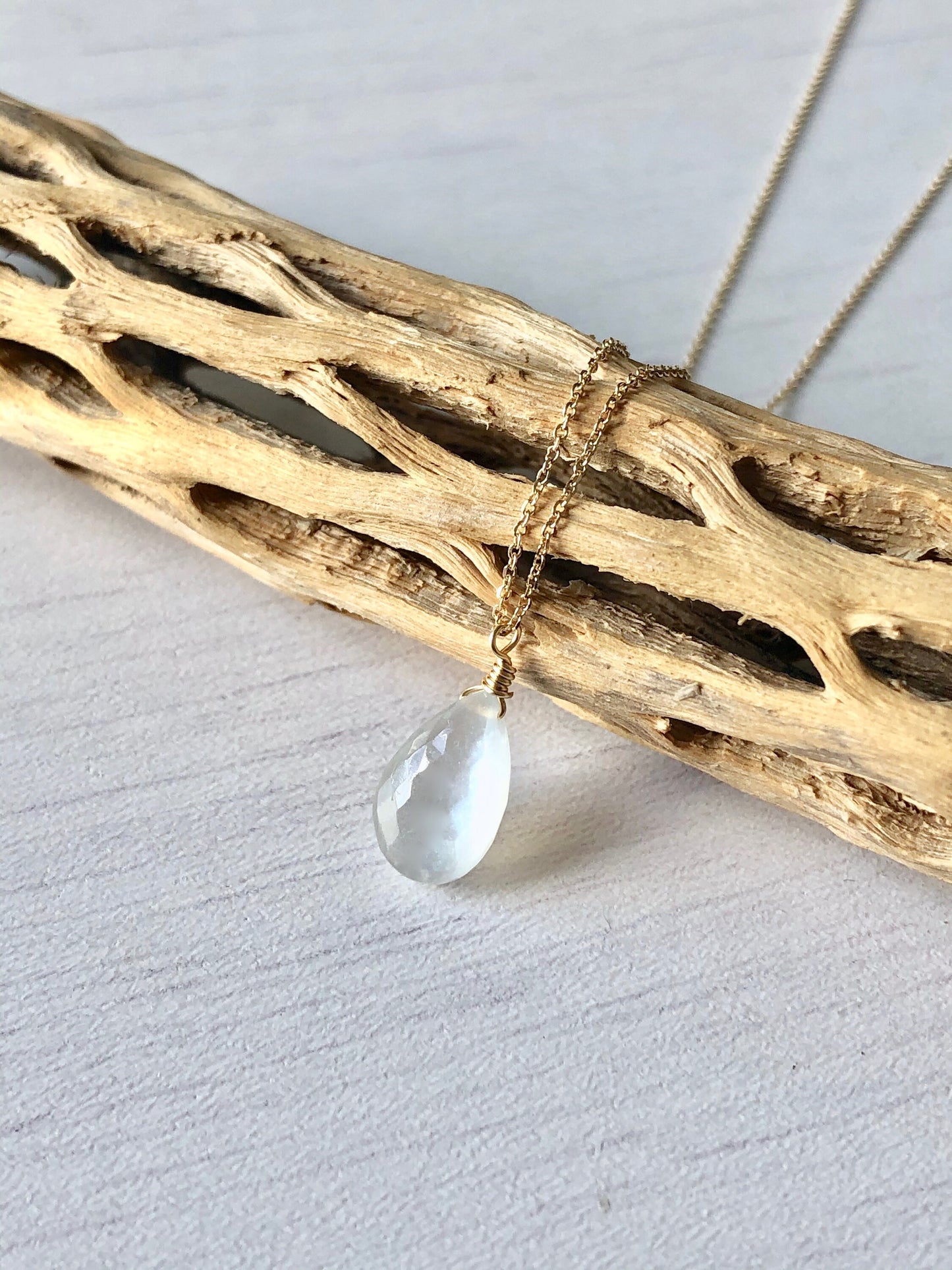 White Moonstone Necklace- Solid 14k Gold