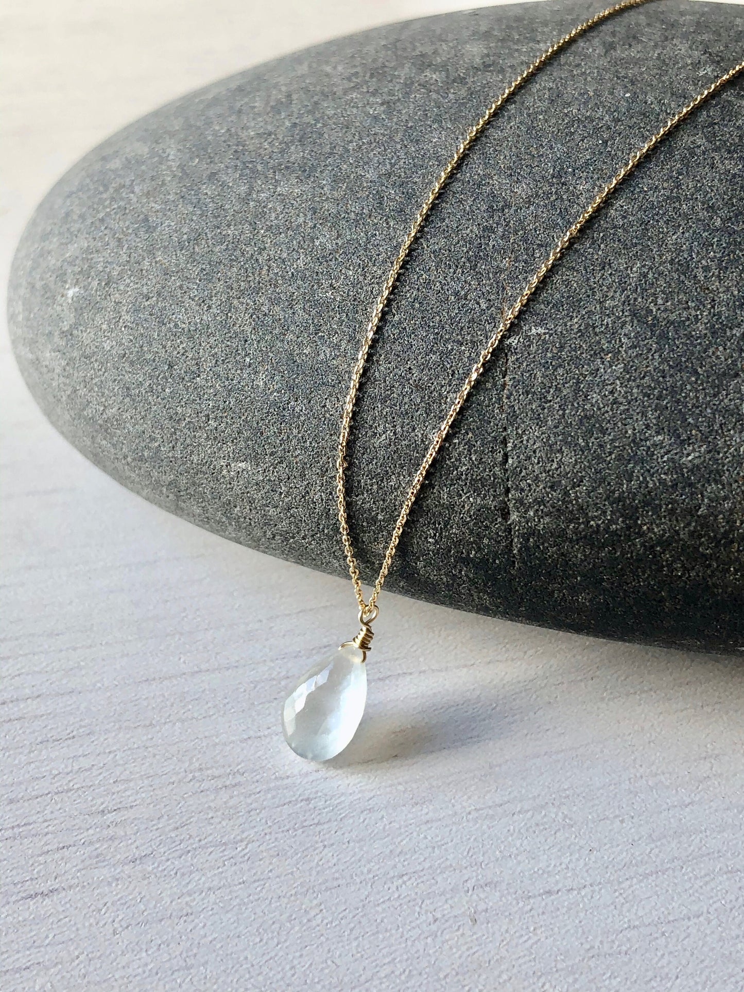 White Moonstone Necklace- Solid 14k Gold