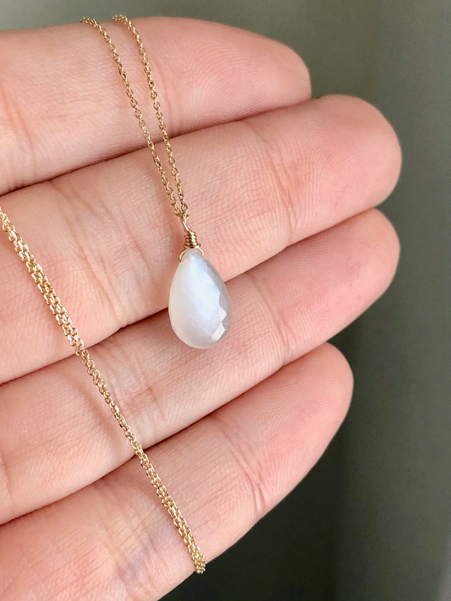 White Moonstone Necklace- Solid 14k Gold