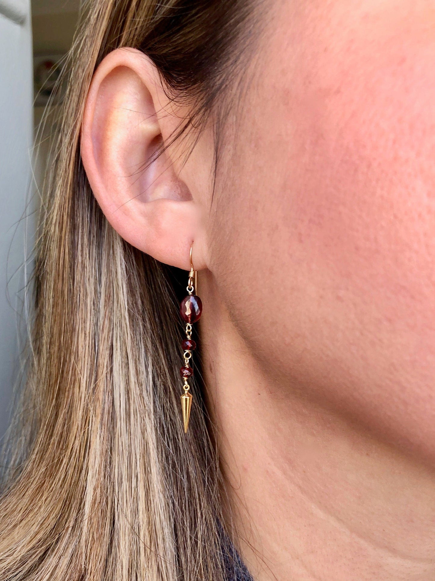 Garnet Pointy Long Earrings- January Birthstone