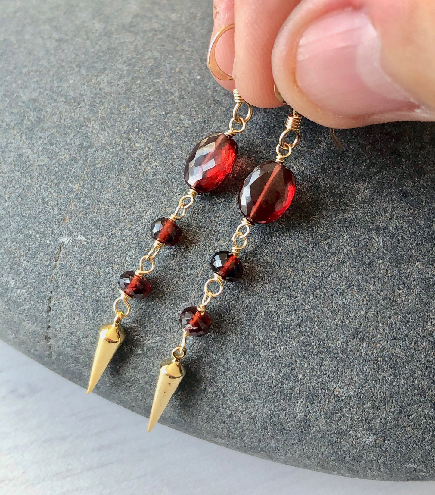 Garnet Pointy Long Earrings- January Birthstone