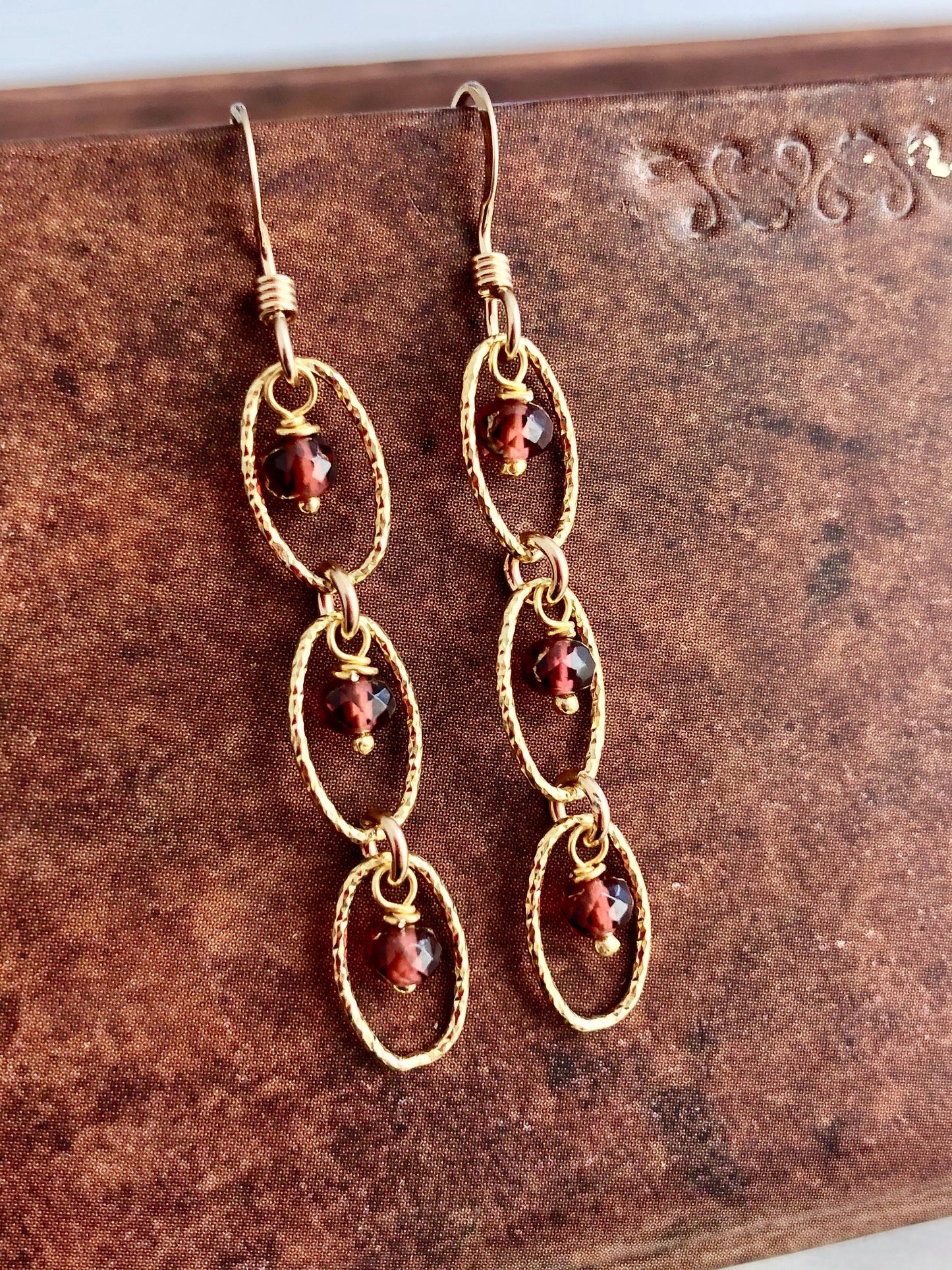Garnet Oval Link Earrings- Gold Filled