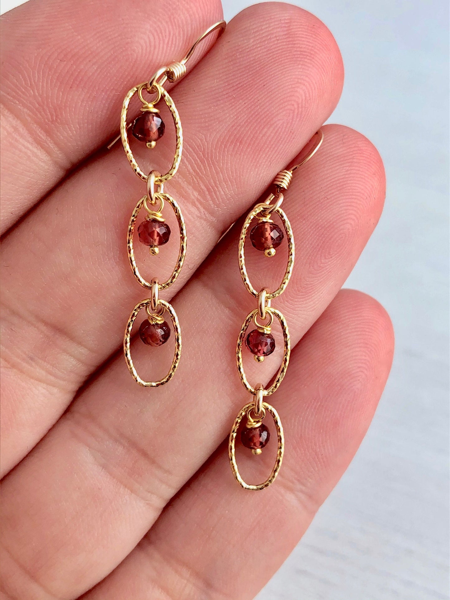 Garnet Oval Link Earrings- Gold Filled