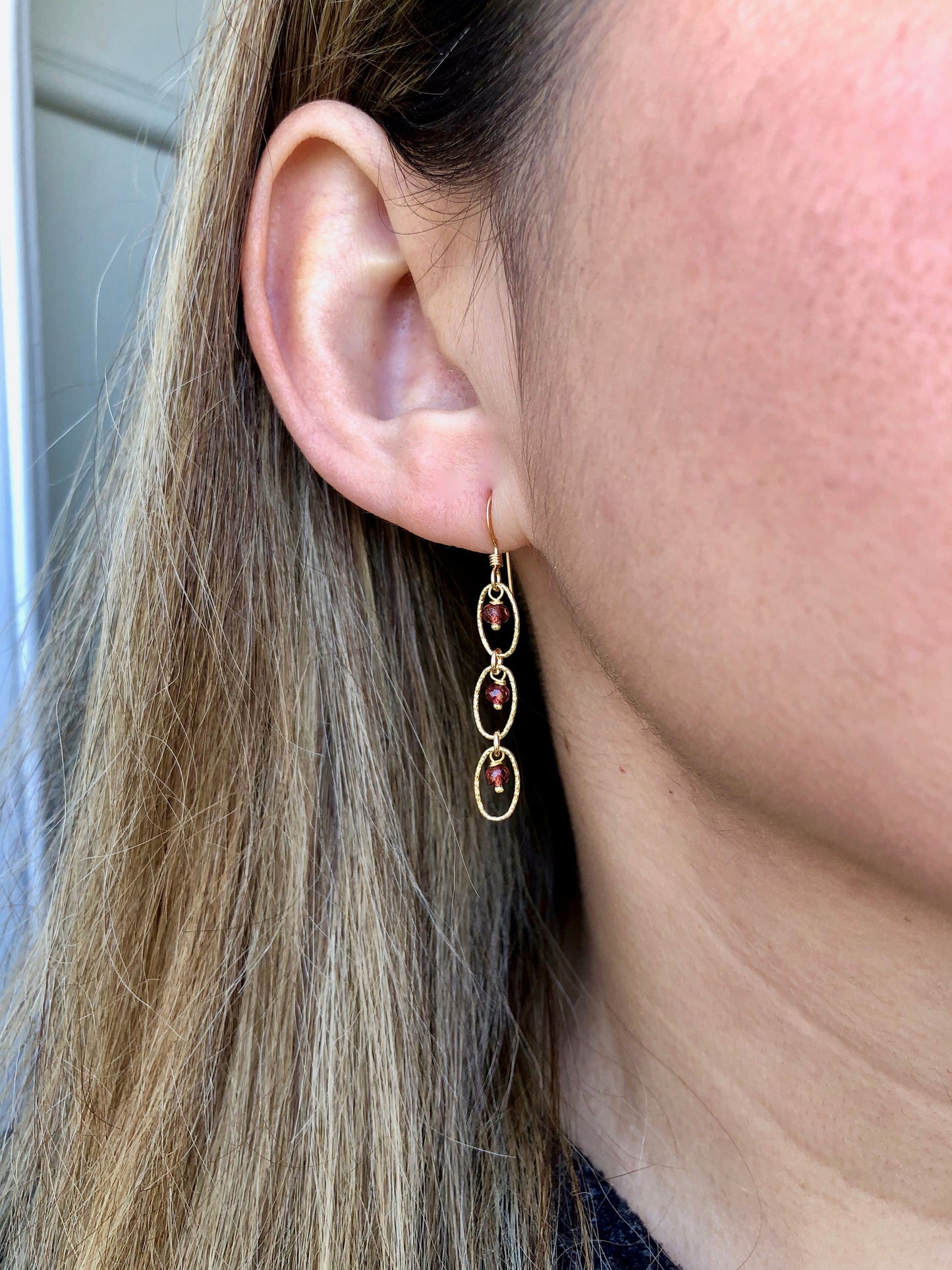 Garnet Oval Link Earrings- Gold Filled