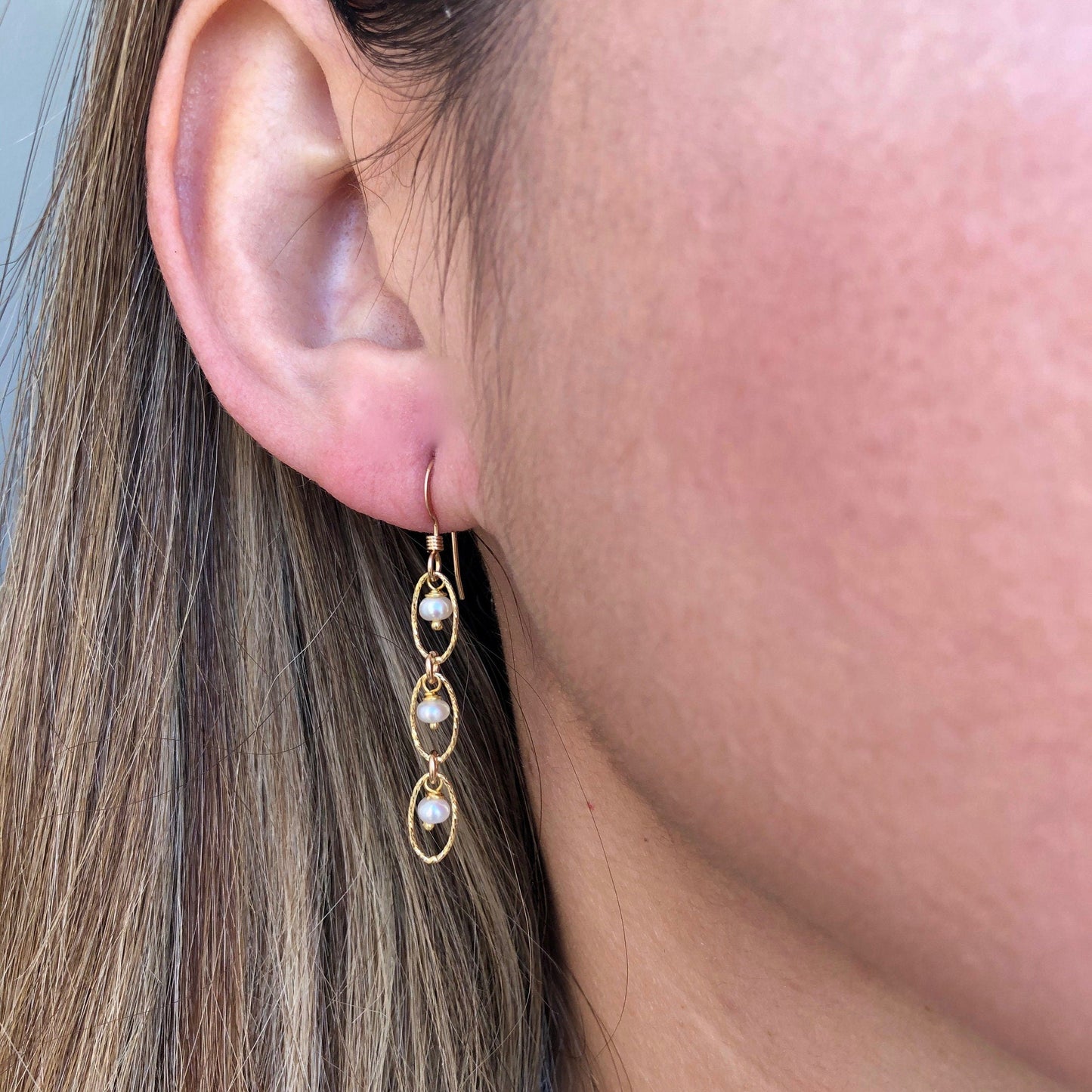 White Pearl Oval Link Earrings- June Birthstone