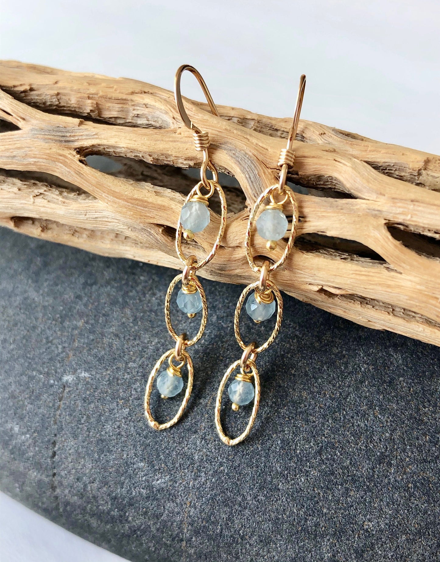 Aquamarine Three Oval Link Earrings- March Birthstone