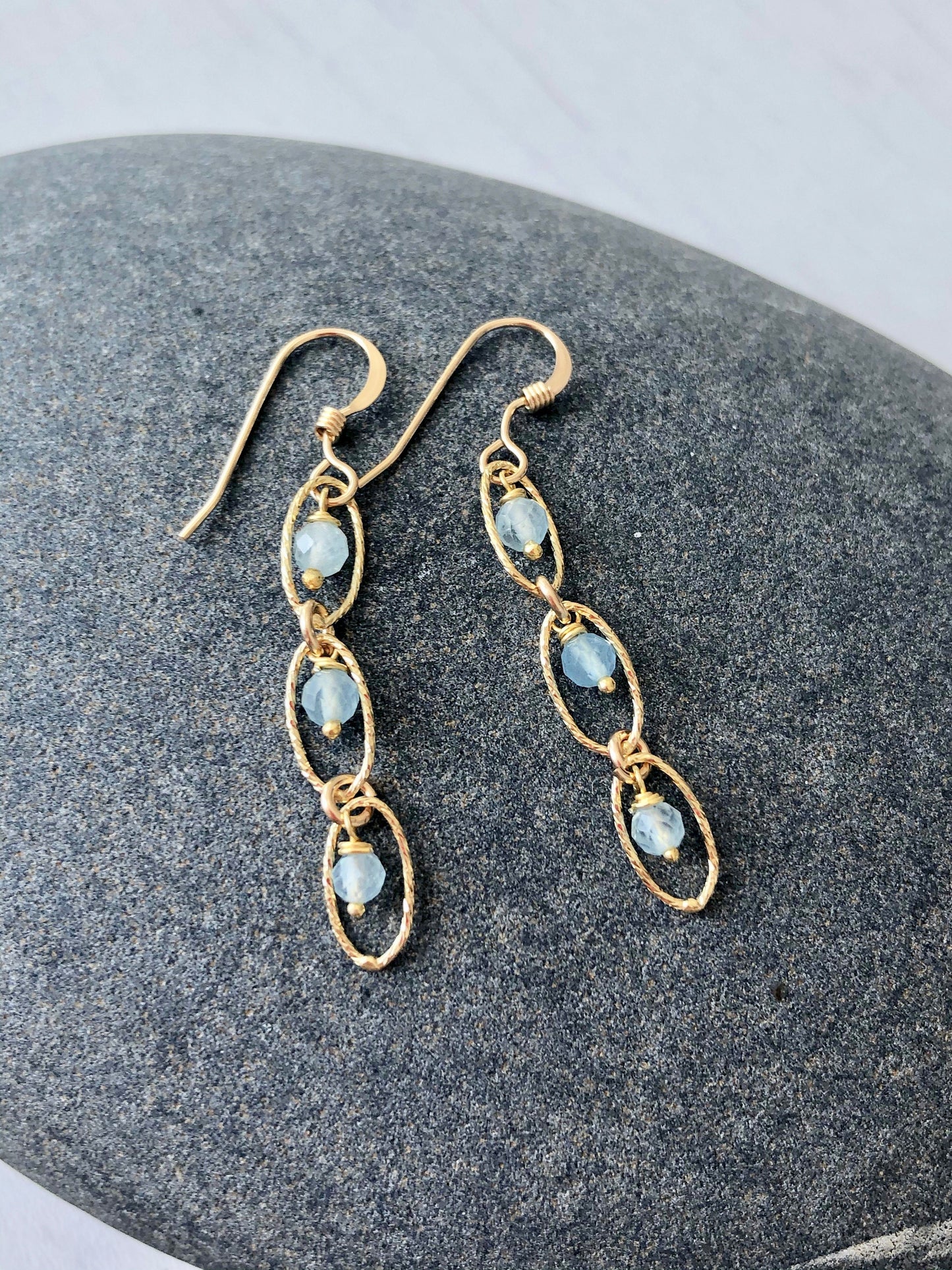 Aquamarine Three Oval Link Earrings- March Birthstone