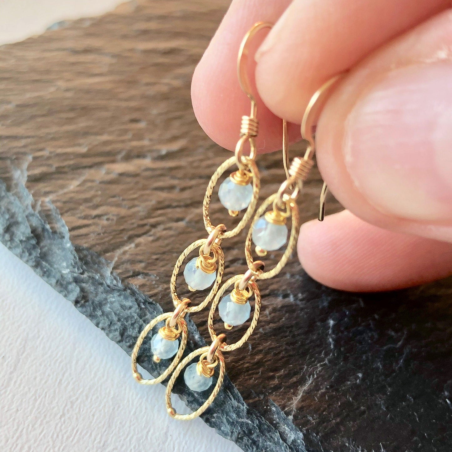 Aquamarine Three Oval Link Earrings- March Birthstone