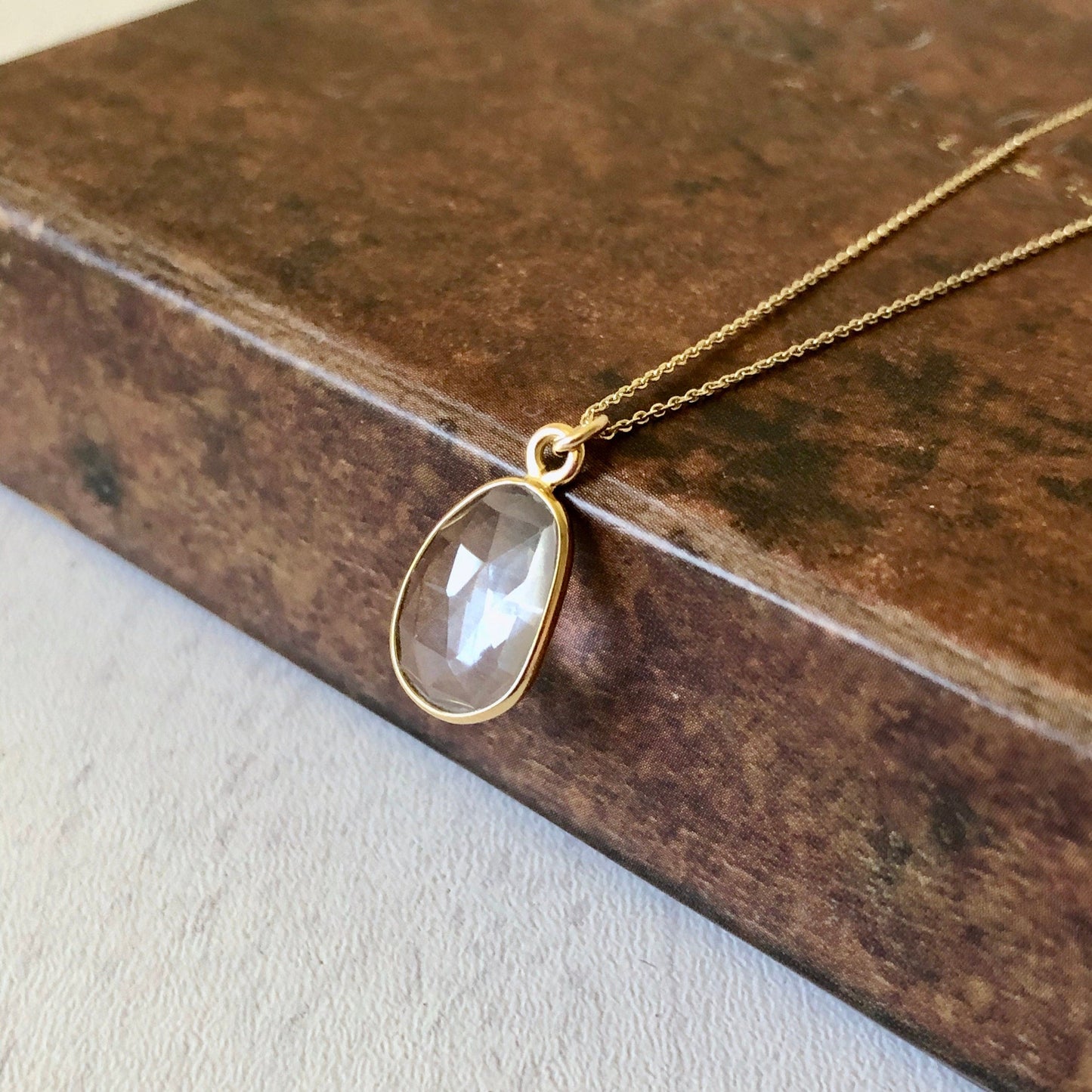 White Topaz Free Form Necklace- Solid 14K Gold