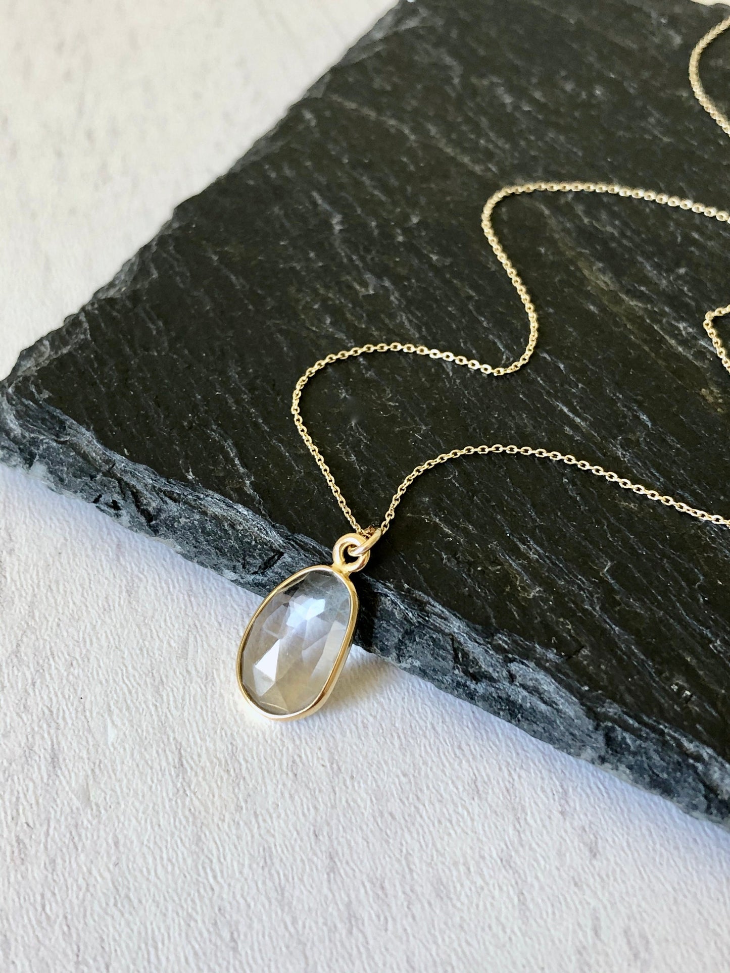 White Topaz Free Form Necklace- Solid 14K Gold