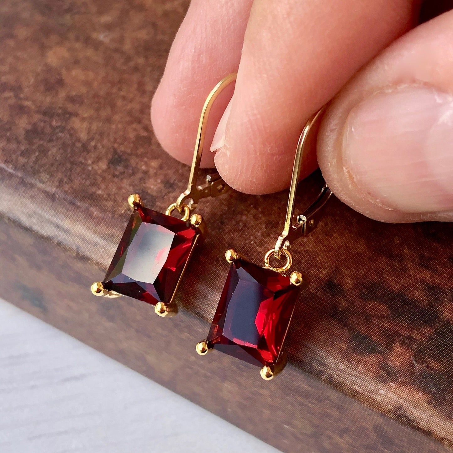 Garnet Emerald Cut Earrings- January Birthstone