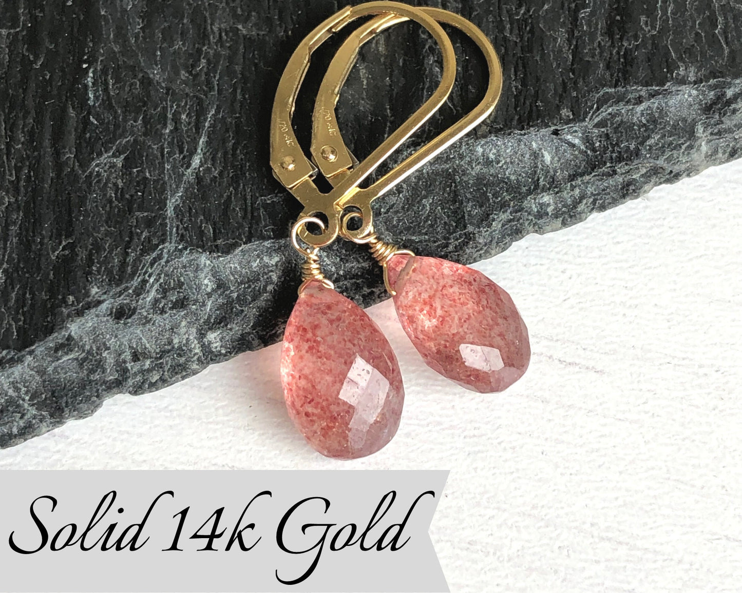 Strawberry Quartz Drop Earrings- Solid 14k Gold