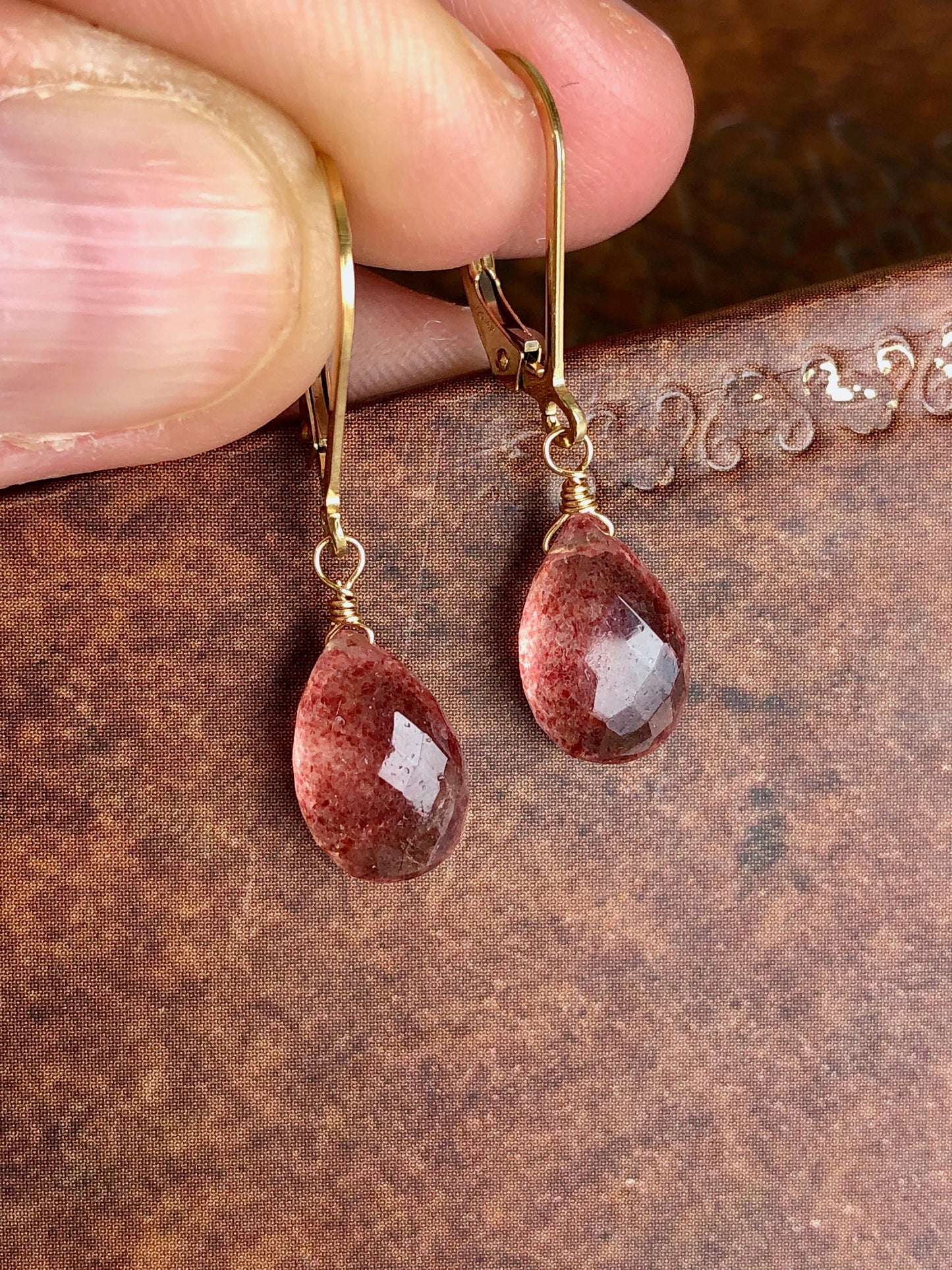Strawberry Quartz Drop Earrings- Solid 14k Gold