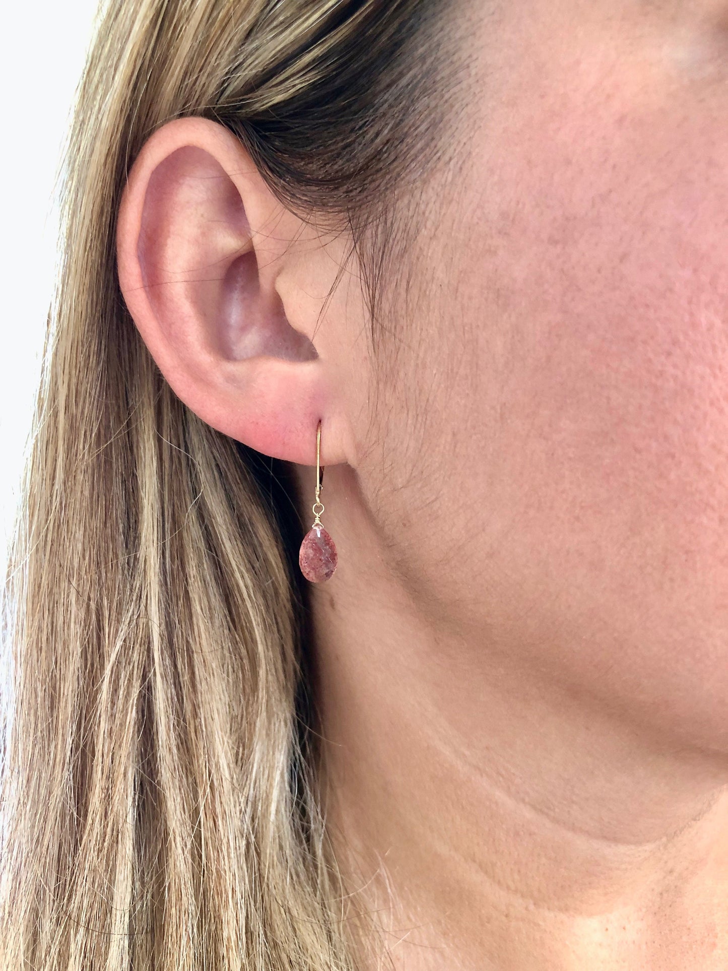Strawberry Quartz Drop Earrings- Solid 14k Gold