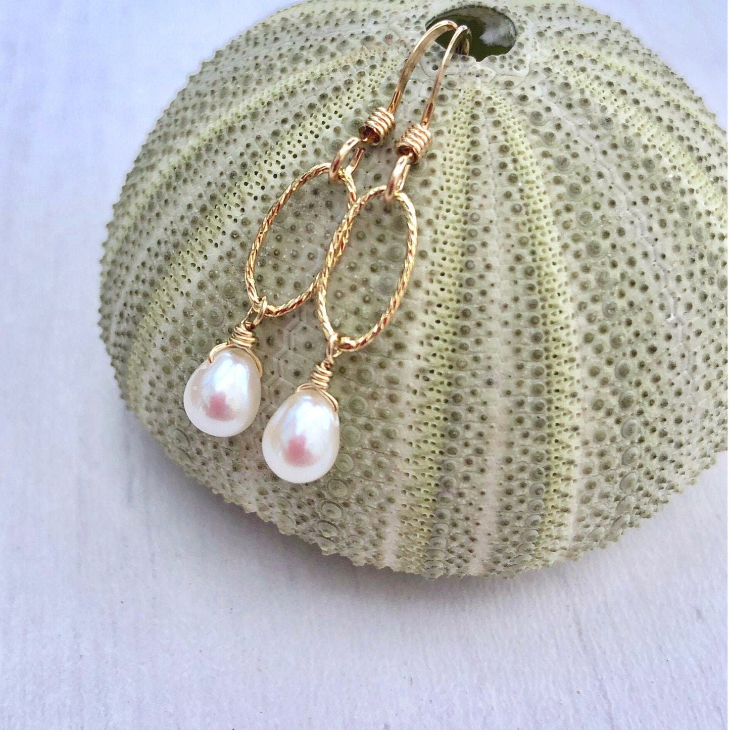 White Pearl Oval Link Earrings