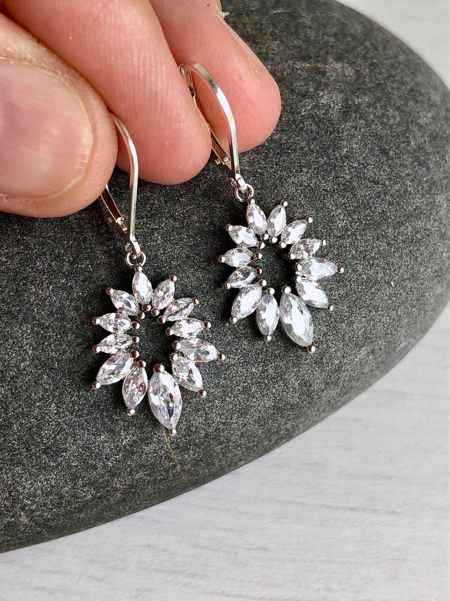 Cubic Zirconia Earrings, Sparkly Floral Teardrop Earrings